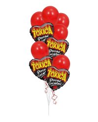 Toxica Fuego balloon bouquet with red and black heart balloons for Valentine parties