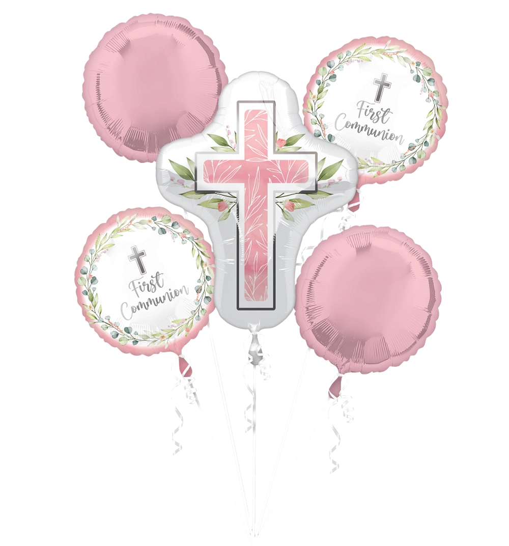 44507-My-First-Communion-Pink-Front.webp My First Communion Pink Foil Balloon Bouquet (5 Balloons) - Image 1