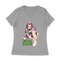 Urban Style Billie Eilish Sitting Pose Green Graffiti T-Shirt Women Jersey V-Neck