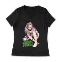 Urban Style Billie Eilish Sitting Pose Green Graffiti T-Shirt Women Jersey V-Neck – Viva Party