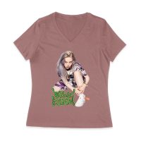 Urban Style Billie Eilish Sitting Pose Green Graffiti T-Shirt Women Jersey V-Neck
