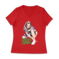 Urban Style Billie Eilish Sitting Pose Green Graffiti T-Shirt Women Jersey V-Neck