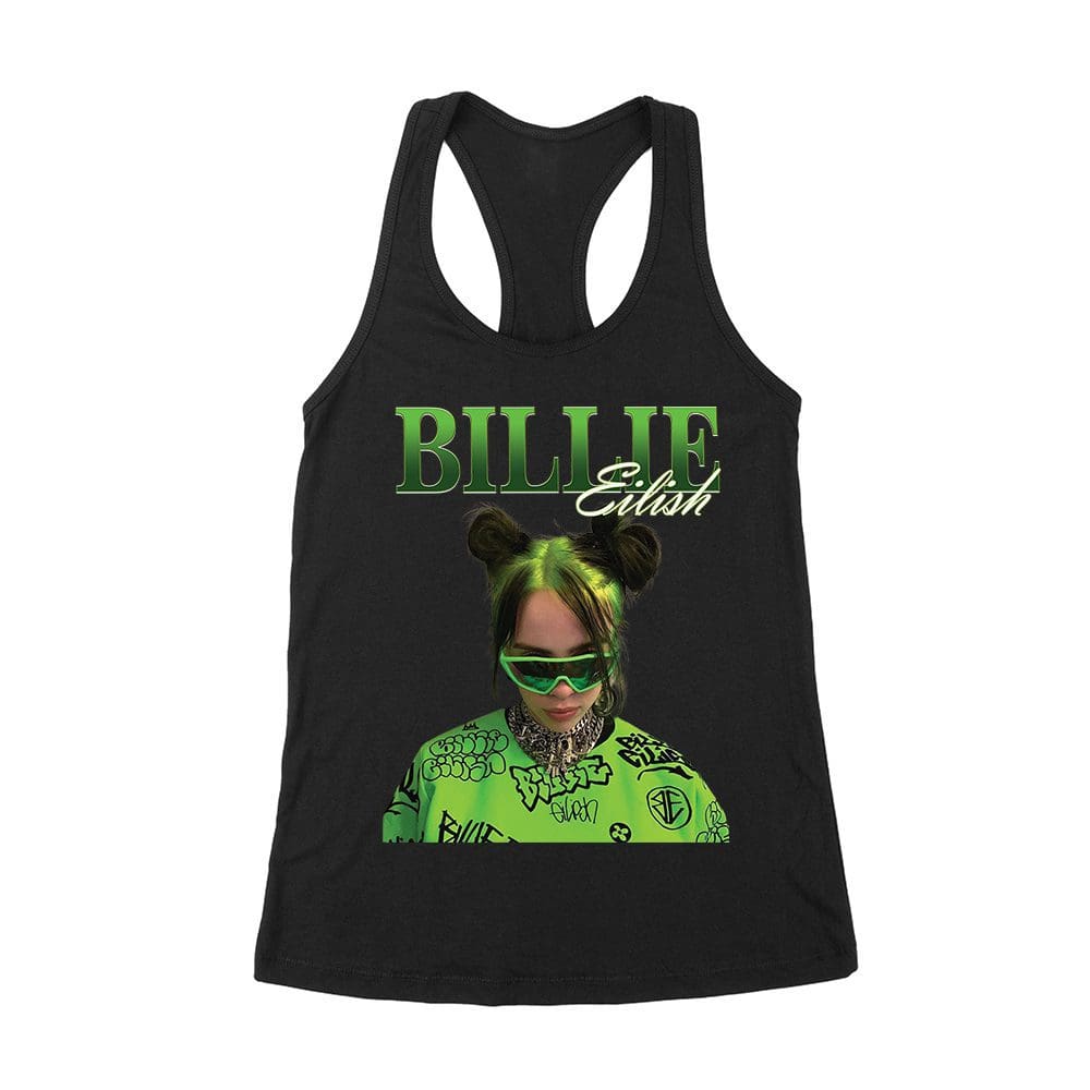 Ble-06_Wrtt-Black.jpg Neon Green Billie Eilish Face Design T-Shirt With Signature Look Women'S Racerback Tank Top – Viva Party