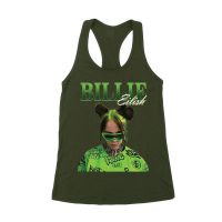 Neon Green Billie Eilish Face Design T-Shirt with Signature Look Women's Racerback Tank Top