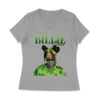 Neon Green Billie Eilish Face Design T-Shirt with Signature Look Women Jersey V-Neck