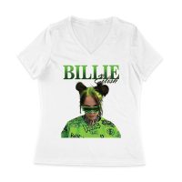 Neon Green Billie Eilish Face Design T-Shirt with Signature Look Women Jersey V-Neck