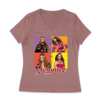Color Block Beyonce Portrait T-Shirt with Artistic Text Design Women Jersey V-Neck
