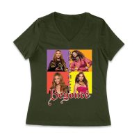 Color Block Beyonce Portrait T-Shirt with Artistic Text Design Women Jersey V-Neck