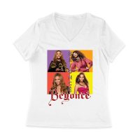 Color Block Beyonce Portrait T-Shirt with Artistic Text Design Women Jersey V-Neck