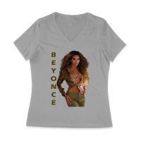 Golden Glam Beyonce Graphic T-Shirt with Vertical Bold Lettering Women Jersey V-Neck