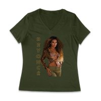 Golden Glam Beyonce Graphic T-Shirt with Vertical Bold Lettering Women Jersey V-Neck