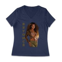 Golden Glam Beyonce Graphic T-Shirt with Vertical Bold Lettering Women Jersey V-Neck