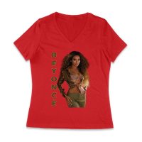 Golden Glam Beyonce Graphic T-Shirt with Vertical Bold Lettering Women Jersey V-Neck