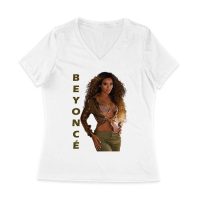 Golden Glam Beyonce Graphic T-Shirt with Vertical Bold Lettering Women Jersey V-Neck