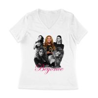 Black and White Beyonce Portrait T-Shirt with Touch of Color Contrast Women Jersey V-Neck