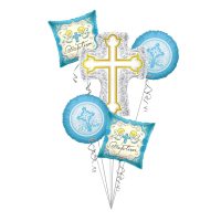 Baby Boy Christening, Baptism Silver & Gold Cross Balloon Bouquet, Baptism Balloon Bouquet (5 Balloons) – Viva Party
