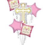 Baptism Balloon Bouquet, Baptism Silver & Gold Cross Balloon Bouquet, Baby Girl Christening (5 Balloons) – Viva Party