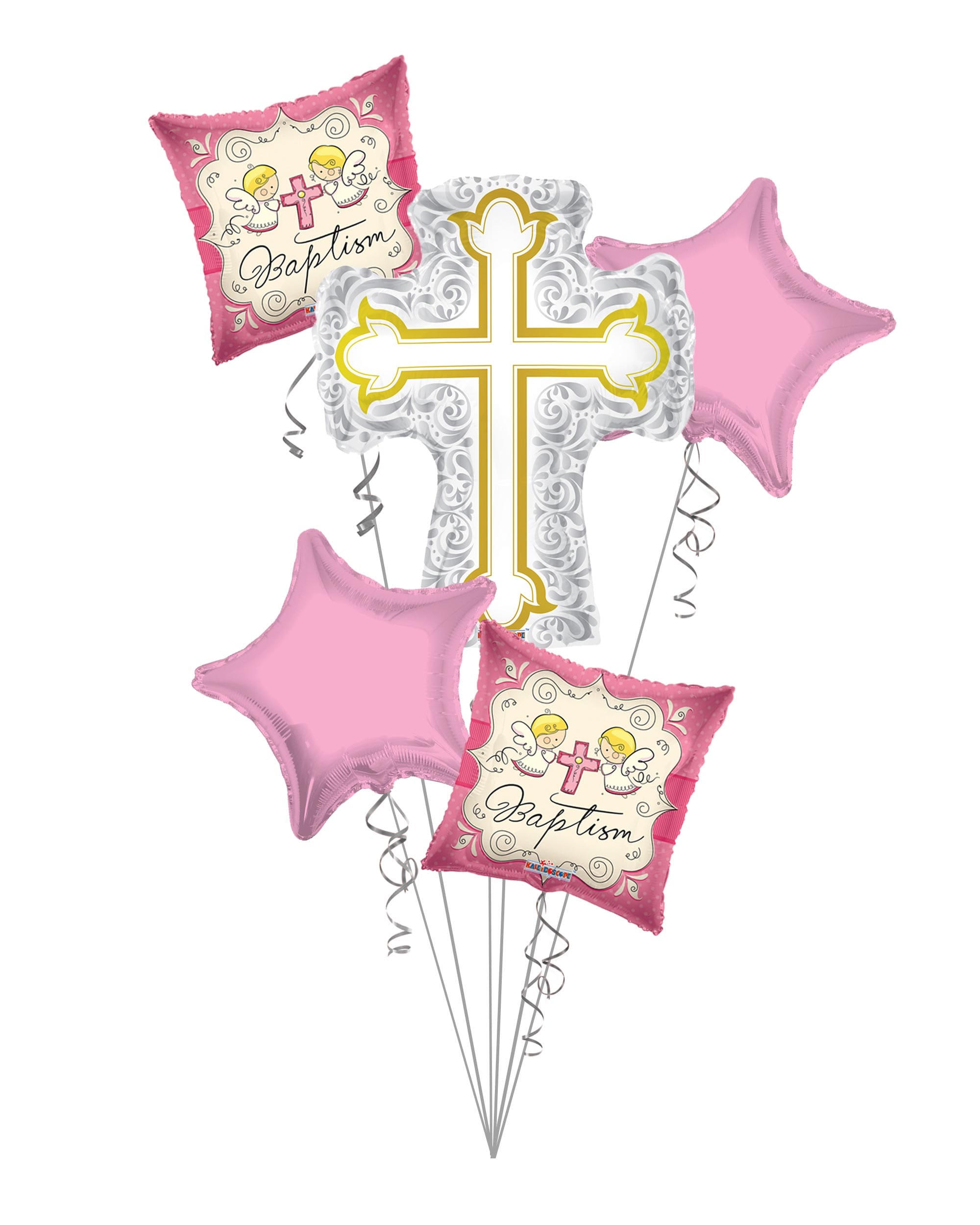 Bt-05-S11 Baptism Balloon Bouquet, Baptism Silver &Amp;Amp; Gold Cross Balloon Bouquet, Baby Girl Christening (5 Balloons) – Viva Party