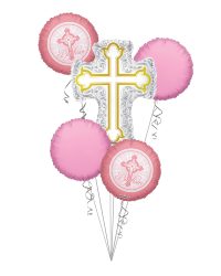 Baptism balloon bouquet featuring silver and gold cross balloons and pink balloons for baby girl christening