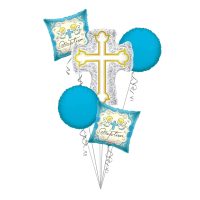 Baby Boy Christening, Baptism Silver & Gold Cross Balloon Bouquet, Baptism Balloon Bouquet (5 Balloons) – Viva Party