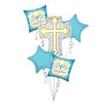 Baptism Balloon Bouquet, Baptism Silver & Gold Cross Balloon Bouquet, Baby Boy Christening (5 Balloons) – Viva Party