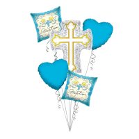Baptism Balloon Bouquet, Baptism Silver & Gold Cross Balloon Bouquet, Baby Boy Christening (5 Balloons) – Viva Party