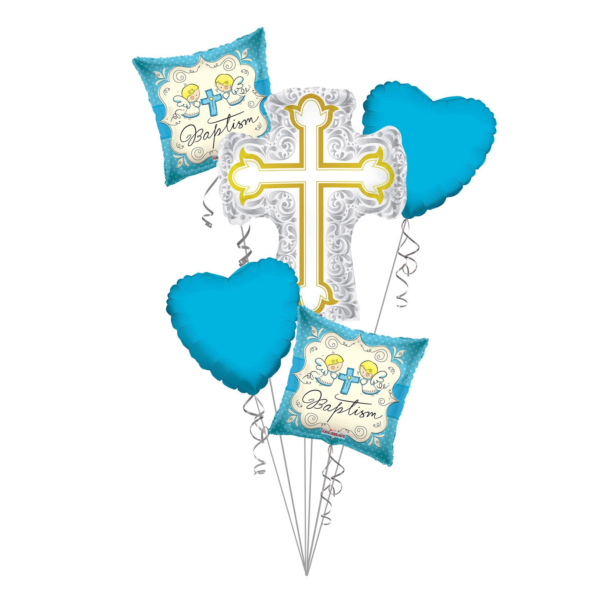 Bt-05-S4 Baptism Balloon Bouquet, Baptism Silver &Amp;Amp; Gold Cross Balloon Bouquet, Baby Boy Christening (5 Balloons) – Viva Party