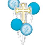 Baptism Balloon Bouquet, Baptism Silver & Gold Cross Balloon Bouquet, Baby Boy Christening (5 Balloons) – Viva Party