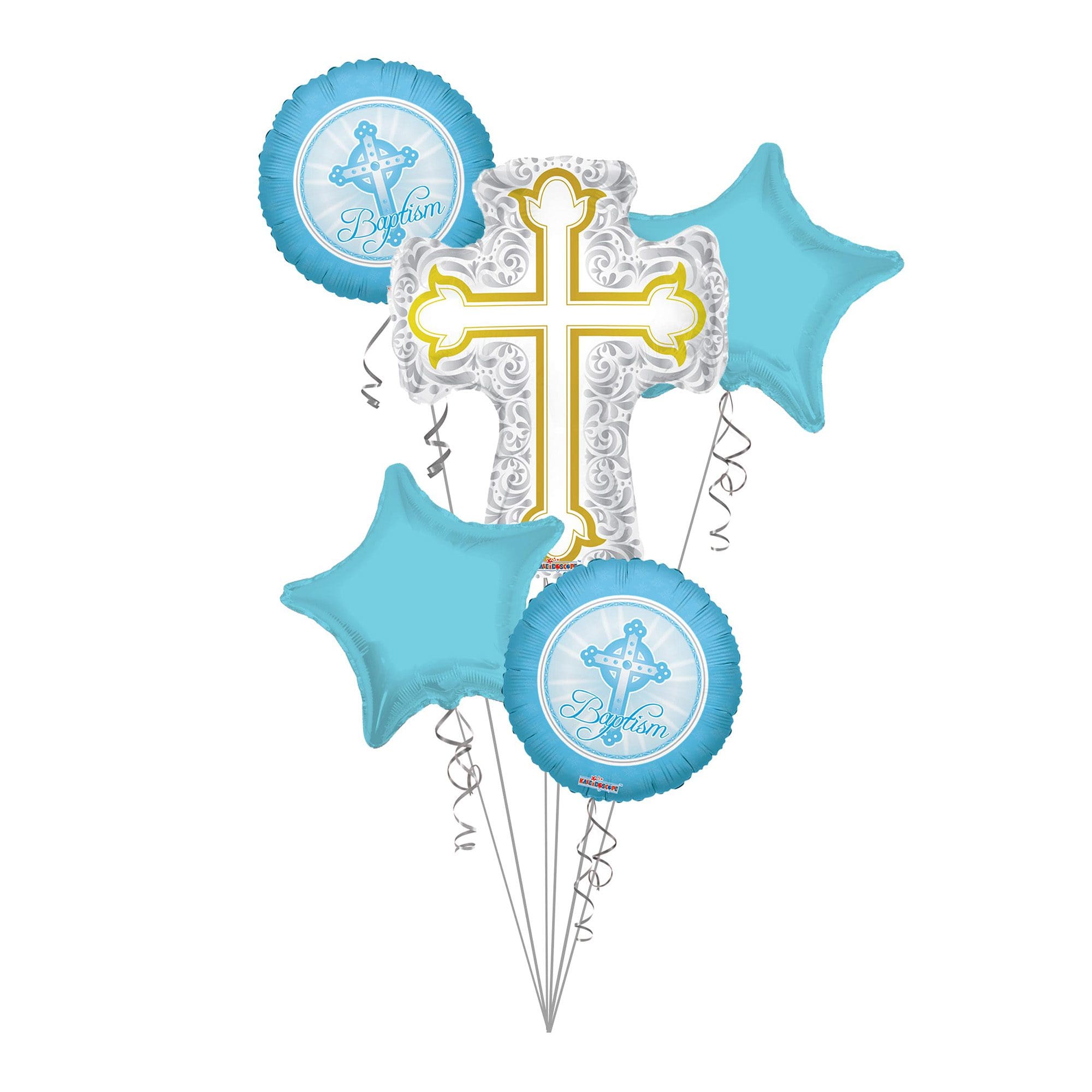 Bt-05-S6 Baptism Balloon Bouquet, Baptism Silver &Amp;Amp; Gold Cross Balloon Bouquet, Baby Boy Christening (5 Balloons) – Viva Party