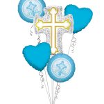 Baptism Balloon Bouquet, Baptism Silver & Gold Cross Balloon Bouquet, Baby Boy Christening (5 Balloons) – Viva Party