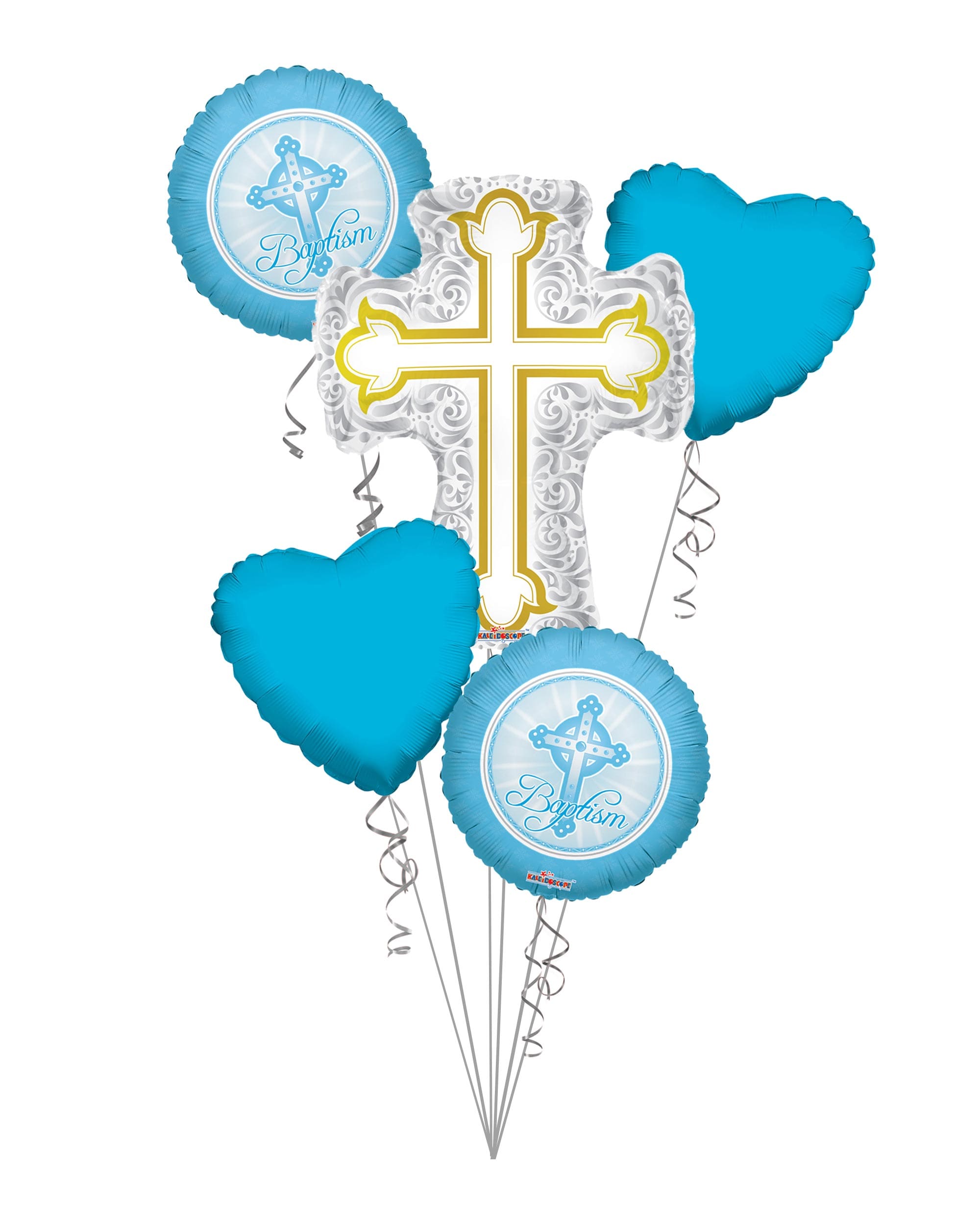 Bt-05-S7 Baptism Balloon Bouquet, Baptism Silver &Amp;Amp; Gold Cross Balloon Bouquet, Baby Boy Christening (5 Balloons) – Viva Party