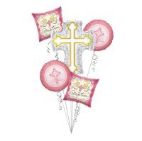 Baptism Balloon Bouquet, Baptism Silver & Gold Cross Balloon Bouquet, Baby Girl Christening (5 Balloons) – Viva Party