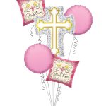 Baptism balloon bouquet with silver and gold cross balloons for baby girl christening