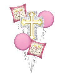 Baptism balloon bouquet with silver and gold cross balloons for baby girl christening