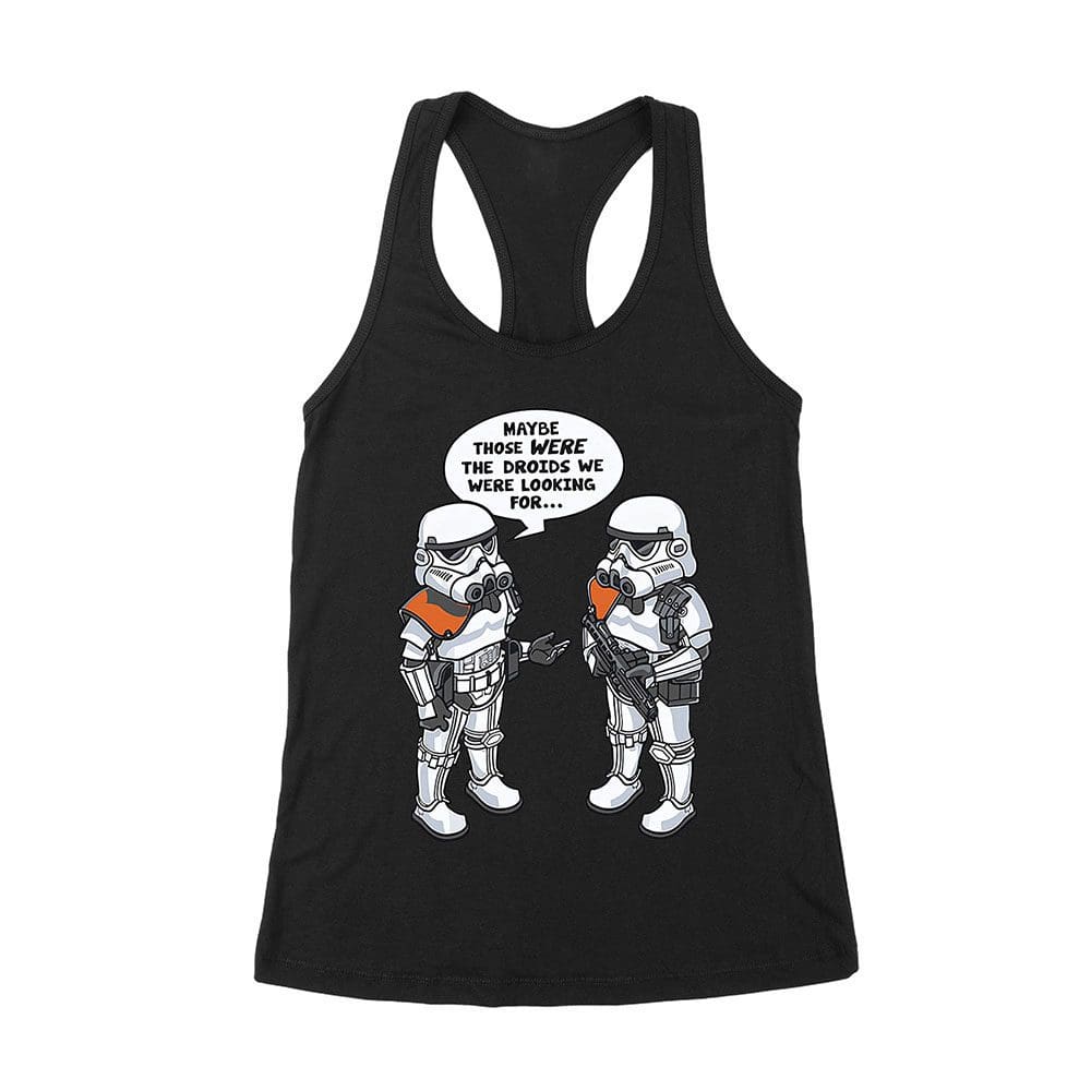 Cart-01_Wrtt-Black.jpg May Be Those Were The Droids We Were Looking For ? Retro Sci-Fi T-Shirt, Fun Vintage Style For Movie Lovers &Amp;Amp; Pop Culture Fans Women'S Racerback Tank Top – Viva Party
