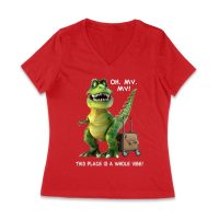 Oh My My! T-Rex Travel Adventure T-Shirt ? This Place is Amazing Women Jersey V-Neck