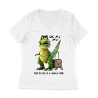 Oh My My! T-Rex Travel Adventure T-Shirt ? This Place is Amazing Women Jersey V-Neck