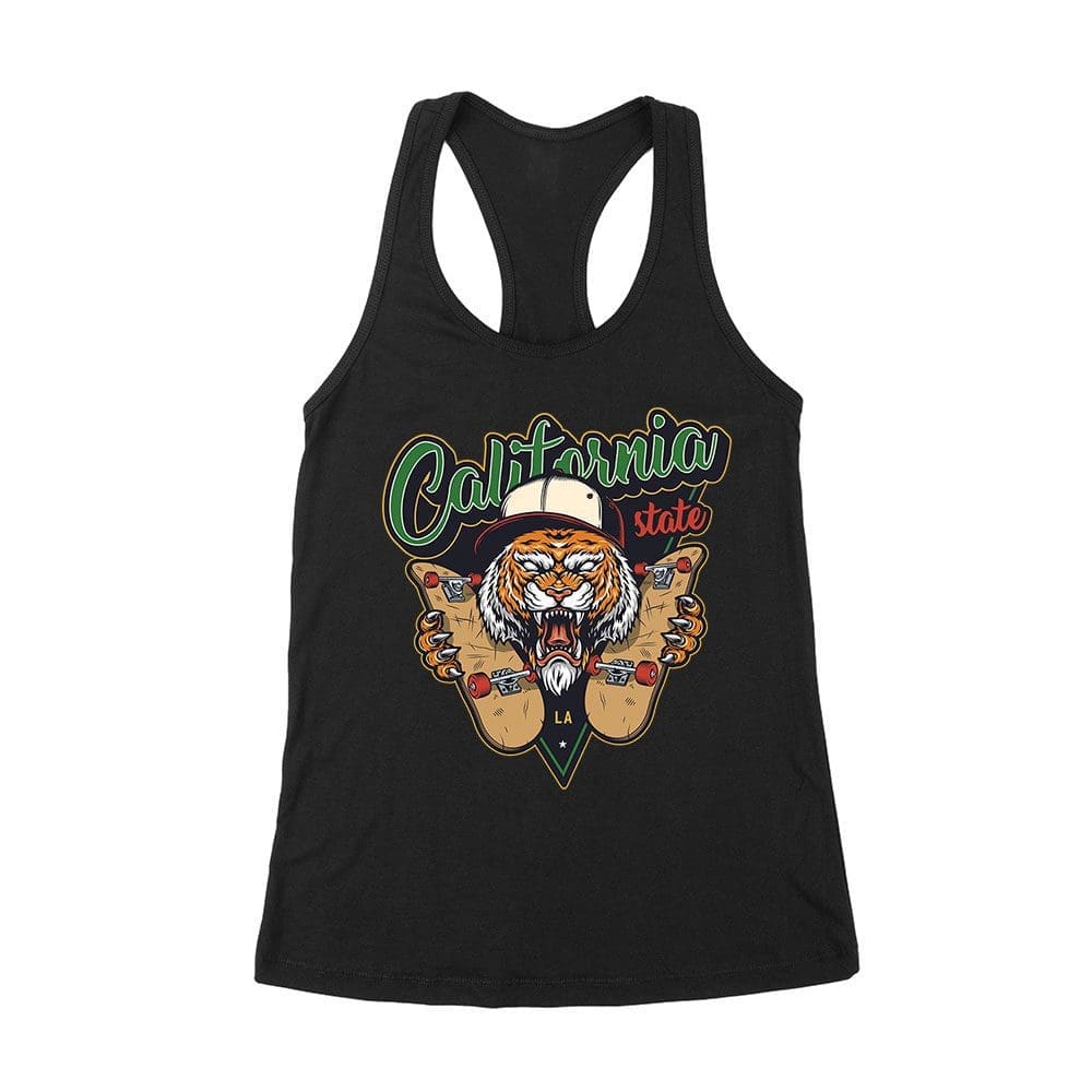 Cart-35_Wrtt-Black.jpg Fierce California Tiger Skateboarding T-Shirt - Bold Graphic Design For Skate Fans Women'S Racerback Tank Top – Viva Party