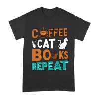 Coffee Cat Books Repeat T-Shirt - Cozy Book Lover Tee for Readers, Cat Owners, Caffeine Addicts, Literary Fans, and Relaxation Enthusiasts Unisex Adult – Viva Party