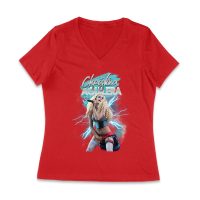 Electric Style Christina Aguilera T-Shirt with Lightning Background and Bold Pose Women Jersey V-Neck