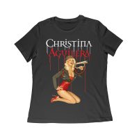 Retro Pin-Up Style Christina Aguilera T-Shirt with Red Microphone Pose Women Relaxed – Viva Party
