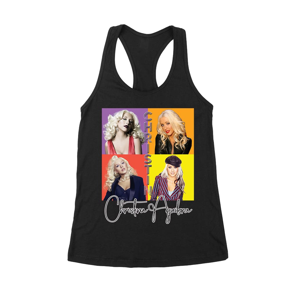 Cha-06_Wrtt-Black.jpg Pop Art Style Christina Aguilera T-Shirt With Four Retro Portrait Blocks Women'S Racerback Tank Top – Viva Party