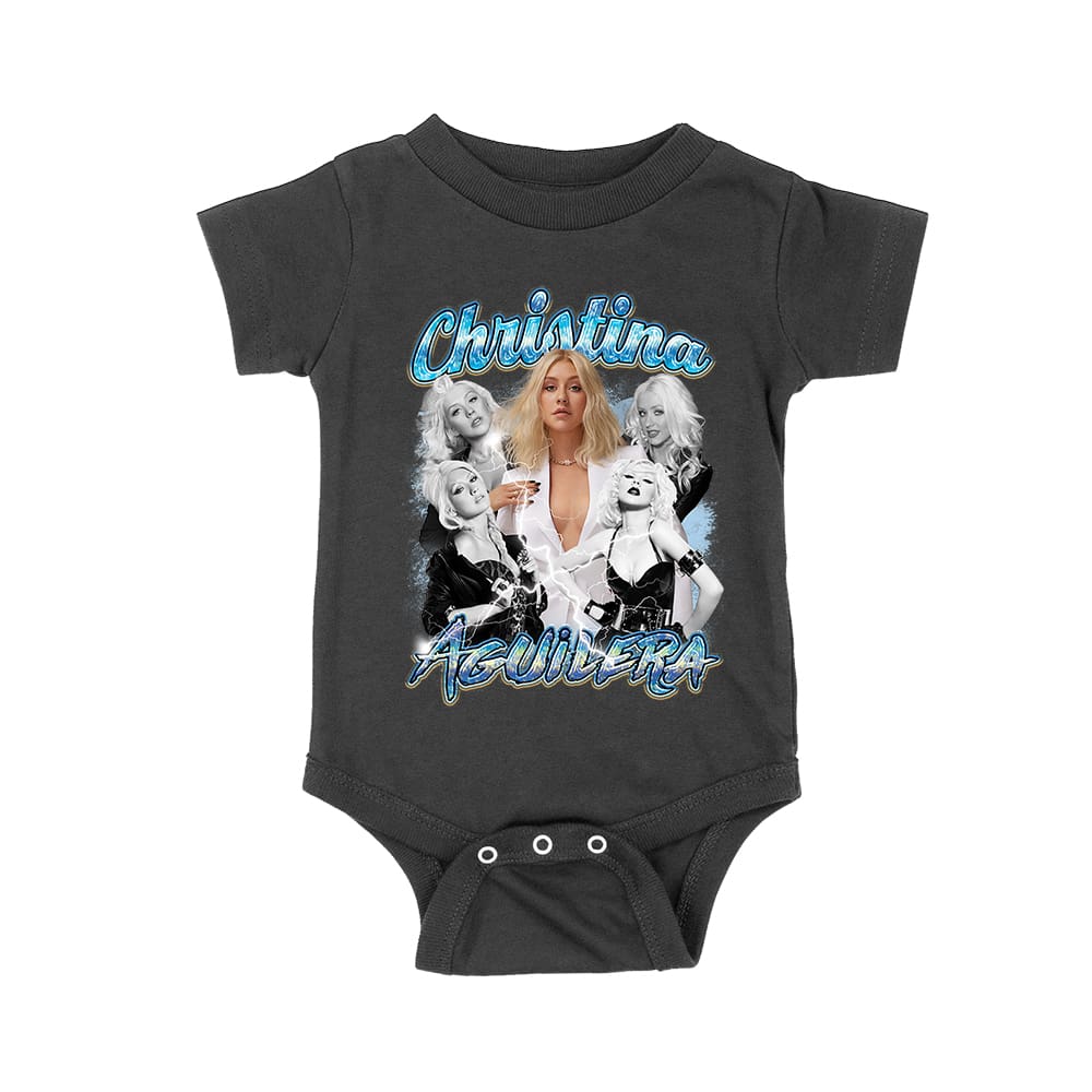 Cha-08_Rs-Black.jpg Christina Aguilera Grayscale Collage T-Shirt With Blue Name Highlight Unisex Baby Jersey – Viva Party