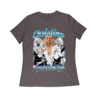 Christina Aguilera Grayscale Collage T-Shirt with Blue Name Highlight Women Relaxed