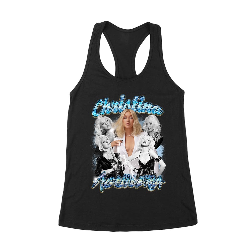Cha-08_Wrtt-Black.jpg Christina Aguilera Grayscale Collage T-Shirt With Blue Name Highlight Women'S Racerback Tank Top – Viva Party