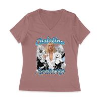 Christina Aguilera Grayscale Collage T-Shirt with Blue Name Highlight Women Jersey V-Neck