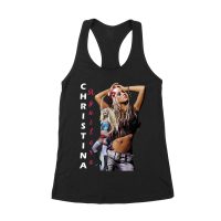 Side Pose Christina Aguilera T-Shirt with Vertical Name Graphic Design Women's Racerback Tank Top – Viva Party