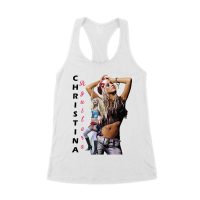 Side Pose Christina Aguilera T-Shirt with Vertical Name Graphic Design Women's Racerback Tank Top