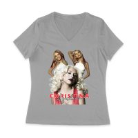 Sassy Christina Aguilera T-Shirt with Red Dress and Confident Expression Women Jersey V-Neck