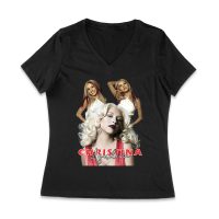 Sassy Christina Aguilera T-Shirt with Red Dress and Confident Expression Women Jersey V-Neck – Viva Party